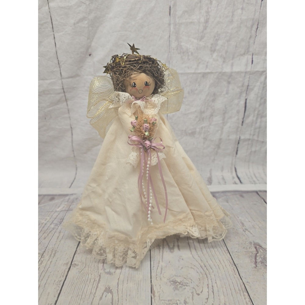 Vtg 90s Handcrafted Christmas Angel Raffia Ribbon Wings,  Farmhouse Cottage